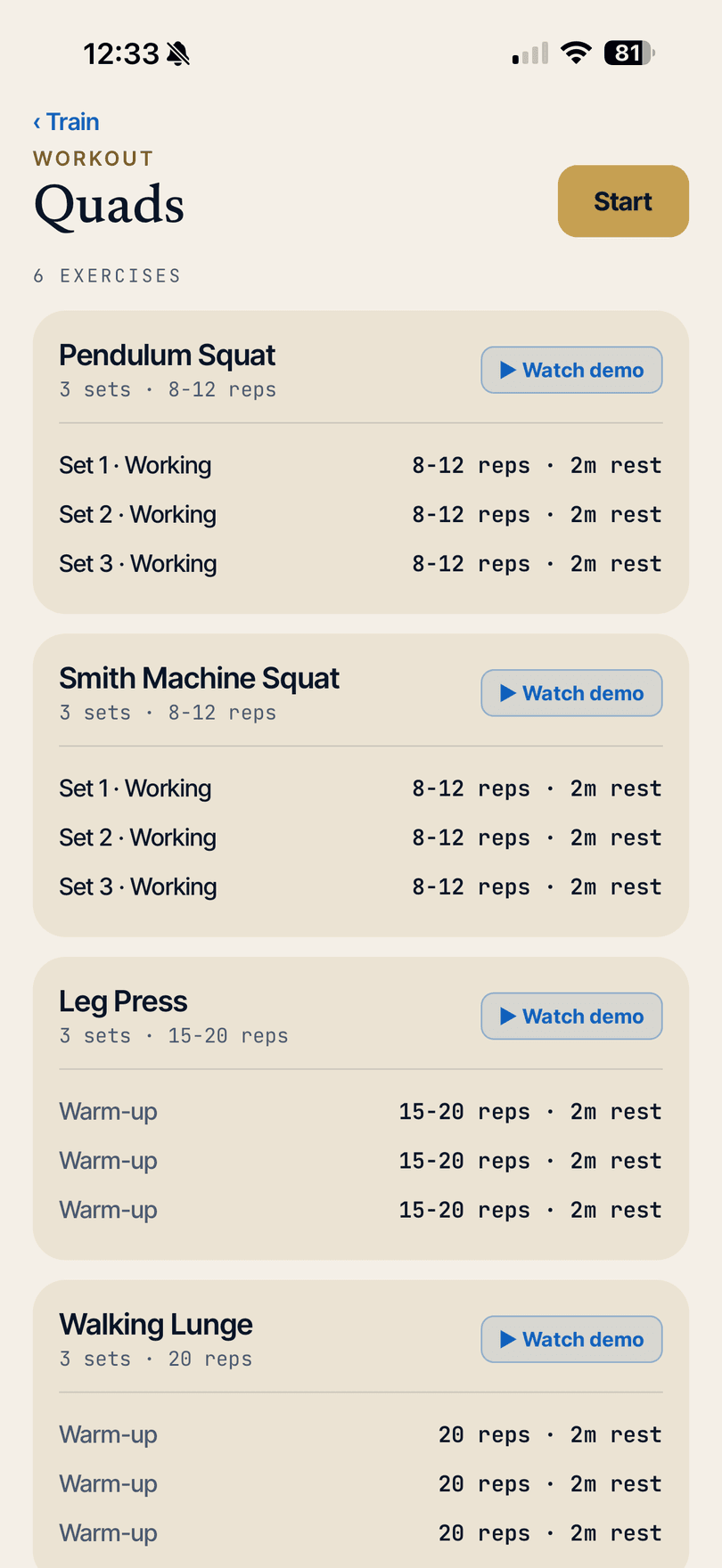 HollyFit workout detail - exercises with sets, rep targets, and demo videos
